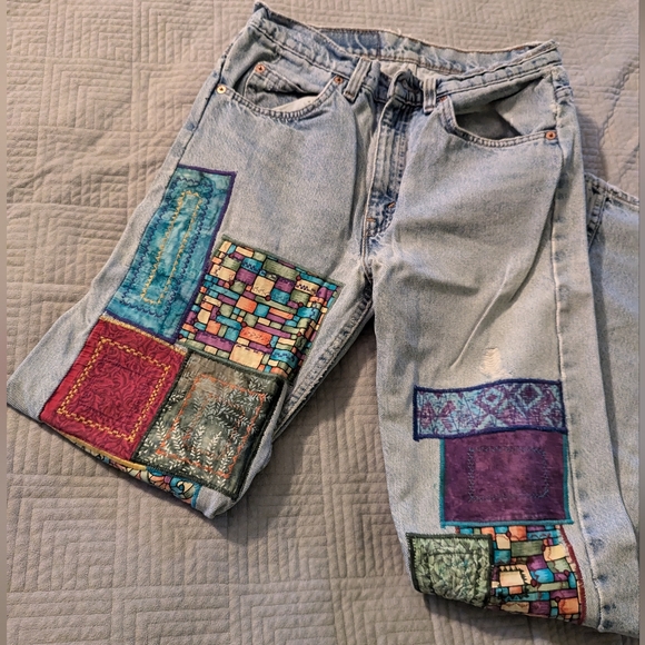 Vintage 505 Levis Patchwork Embroidered Jeans Worn by A Famous Bassist - Picture 5 of 6